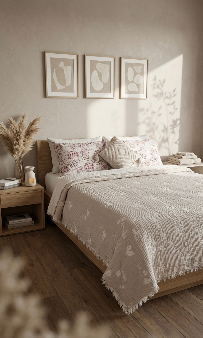 miegamasis kuriame guli lovatiese 7 sluoksniu muslinas beige spalva su ornamentais geliu