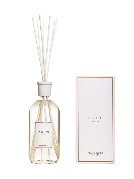CULTI Milano Mediterranea baltas minimalistinis namų kvapo difuzorius su baltomis lazdelėmis, 250 ml, tamaradeko.lt