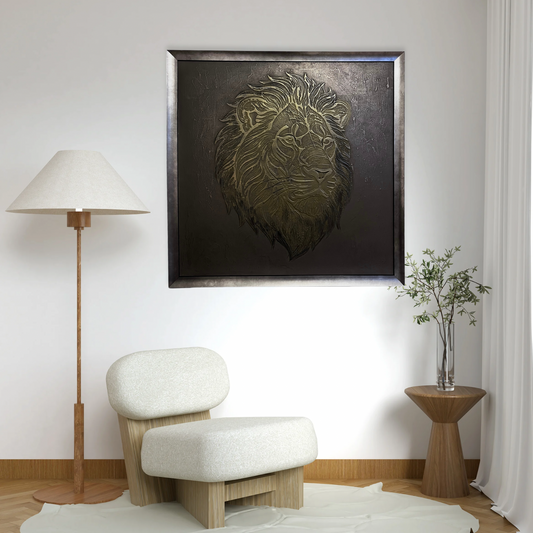 skysto metalo paveikslai, modernus interjeras, rankų darbo paveikslas, liūtas interjere, prabangi sienų dekoracija, Tamara Deko, metalo menas. www.tamaradeko.lt