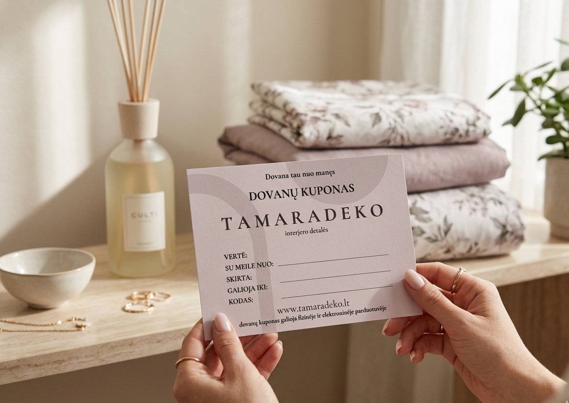 Rankose laikomas estetiškas „Tamaradeko“ dovanų kuponas su pavyzdiniu tekstu apie interjero detales, patalynę ir namų kvapus. Fone – jaukus miegamojo interjeras.